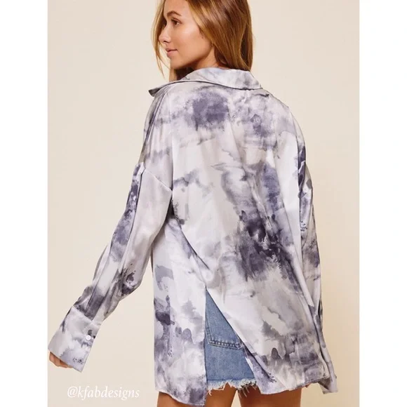 NEW! 2 Pieces! Silky Tie Dye Print Boyfriend Shirt w/Matching Crop Top! - Picture 10 of 10